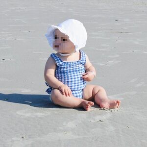 Set: Baby Boden Blue Gingham One-Piece Girls' Swimsuit and Janie and Jack Bonnet